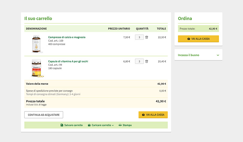 Può iniziare la procedura di ordinazione sulla pagina del carrello.