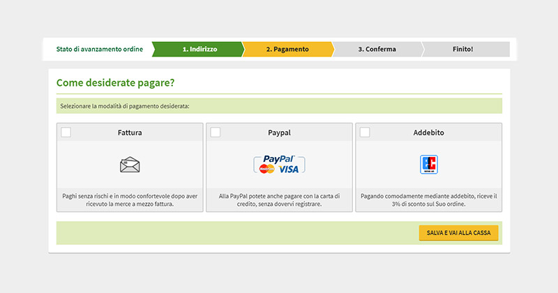 Pagamento mediante fattura, PayPal/carta di credito o con addebito
