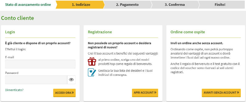 Nel corso del Suo primo acquisto selezioni CONFIGURA ACCOUNT CLIENTE