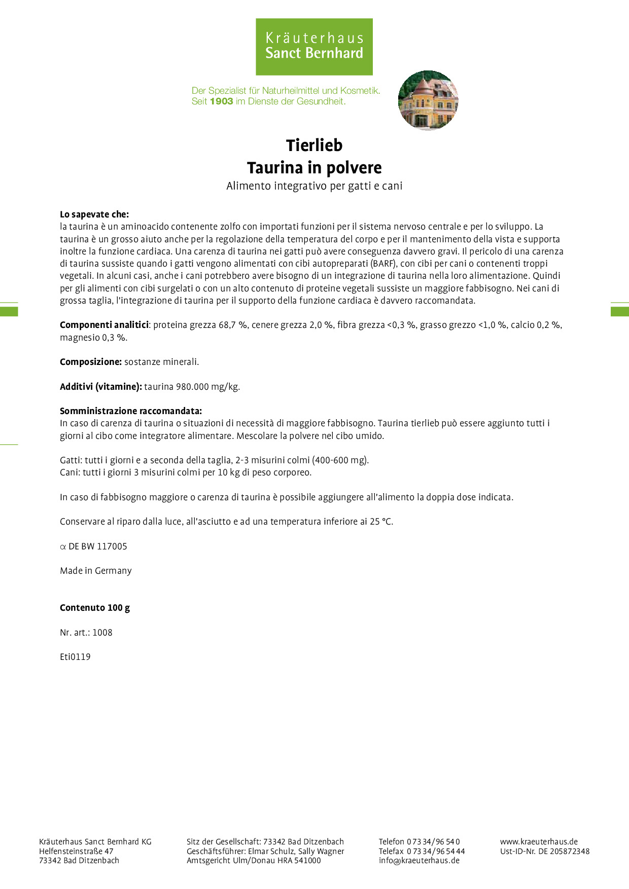 Tierlieb Taurina In Polvere Per Cani E Gatti Acquista Ora Online